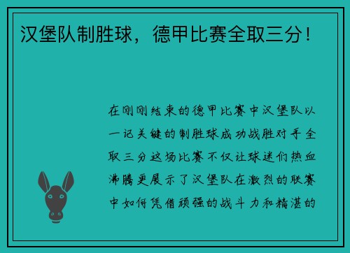 汉堡队制胜球，德甲比赛全取三分！
