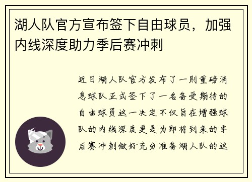 湖人队官方宣布签下自由球员，加强内线深度助力季后赛冲刺